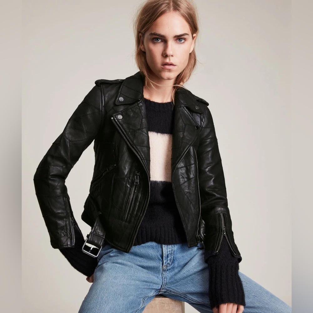 All Saints Balfern Patch Leather Biker Jacket, Size 10